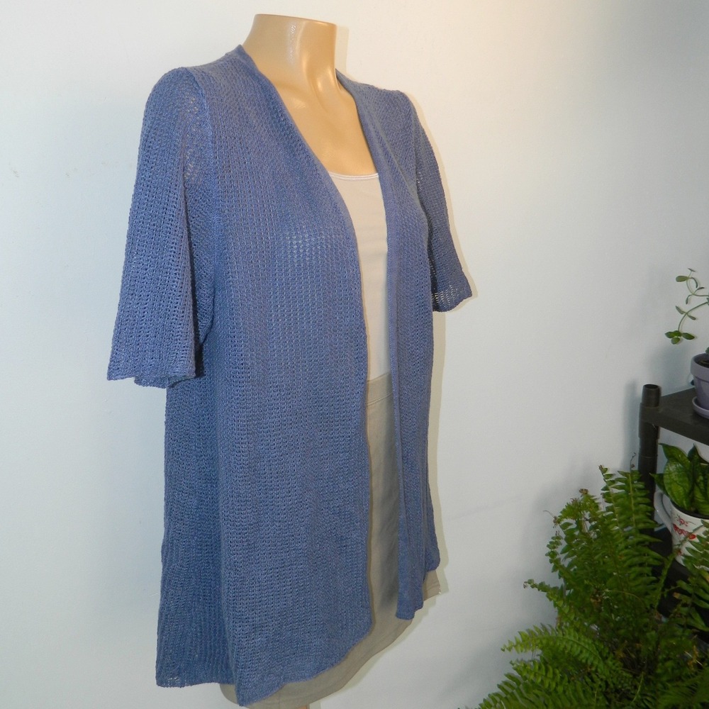 Eileen Fisher Organic Linen Cardigan Women XL Blue Short Sleeve Pointelle Knit